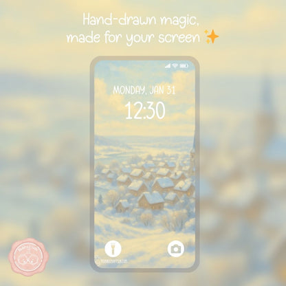 Winter village wallpaper – illustrated Digital Wallpaper Download | Art wallpaper