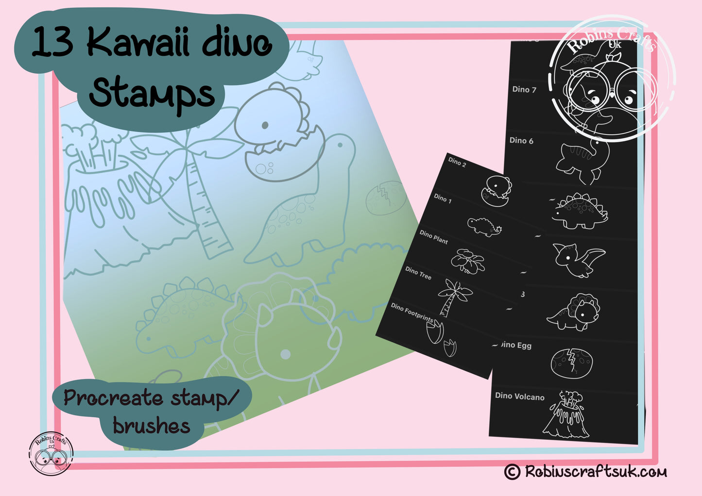 Kawaii Dino stamps - procreate stamps/brushes - digital use only - procreate