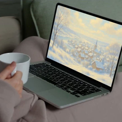 Winter village wallpaper – illustrated Digital Wallpaper Download | Art wallpaper