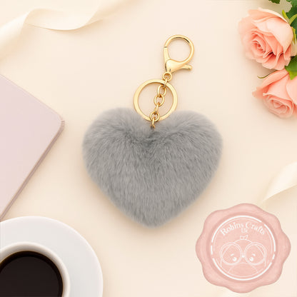 Fluffy Heart Keychain – Faux Fur Bag Charm with Gold Clasp | Cute Pompom Purse Accessory in 6 colours
