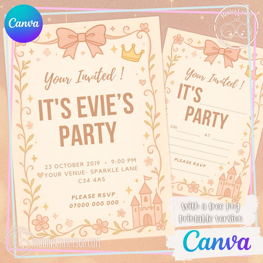 Princess party Invitation Editable Canva Invitation Template – 5x7” | Instant Digital Download