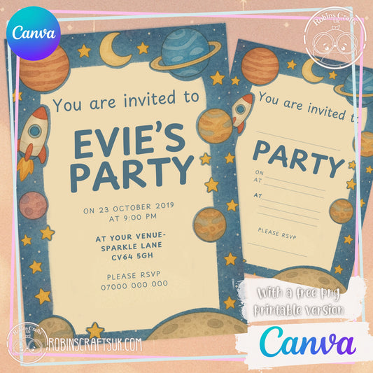 Space party Invitation Editable Canva Invitation Template – 5x7” | Instant Digital Download