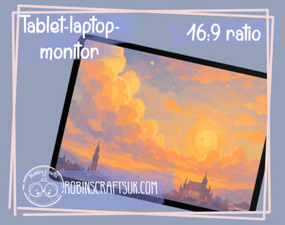 Sunset Spires wallpaper– Dreamy Fairytale Cathedral Wall Art, Golden Hour Landscape Illustration, Whimsical Sky Fantasy wallpapers