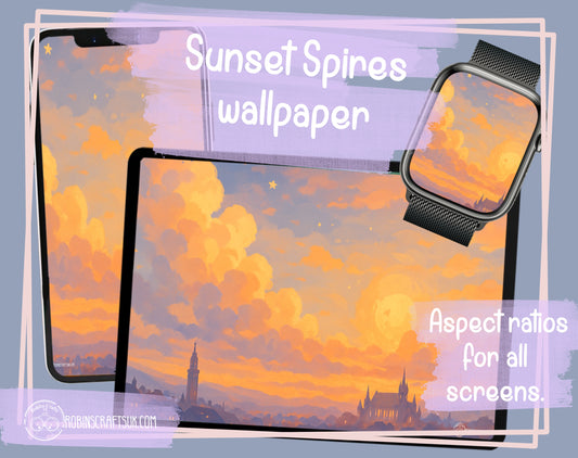 Sunset Spires wallpaper– Dreamy Fairytale Cathedral Wall Art, Golden Hour Landscape Illustration, Whimsical Sky Fantasy wallpapers