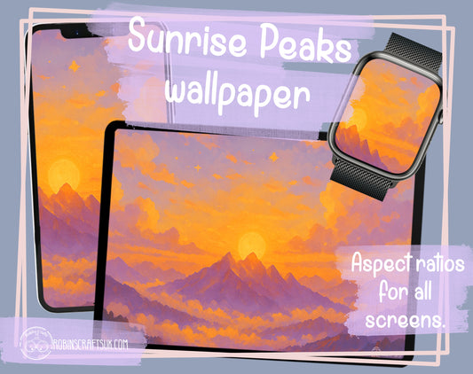 Sunrise Peaks wallpaper – Dreamy Mountain Landscape Wallpaper , Golden Morning Sky Illustration, Tranquil Nature Fantasy Decor