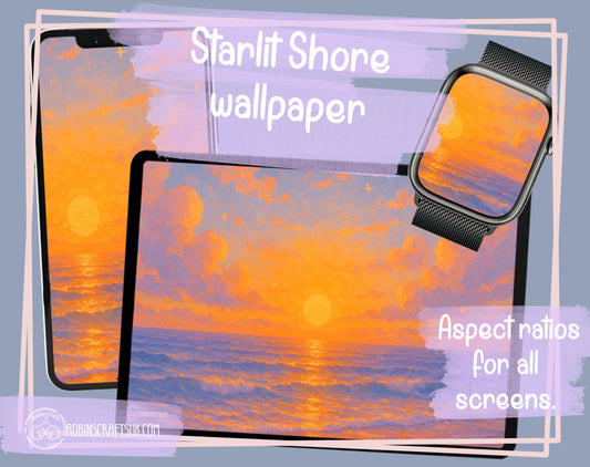 Starlit Shore wallpaper – Dreamy Ocean Sunset Wall Art, Golden Sea Horizon Illustration, Peaceful Coastal Fantasy Decor