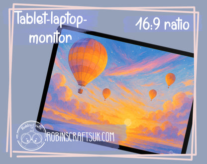 Sunset Voyage wallpaper – Hot Air Balloon Dreamscape Wall Art, Whimsical Ocean Sky Illustration, Peaceful Adventure Fantasy Decor no