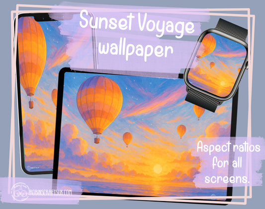 Sunset Voyage wallpaper – Hot Air Balloon Dreamscape Wall Art, Whimsical Ocean Sky Illustration, Peaceful Adventure Fantasy Decor no