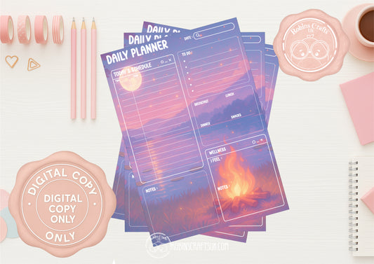 Whimsical Campfire Planner digital set – 3 Page Printable JPG (Daily, Weekly, Monthly)