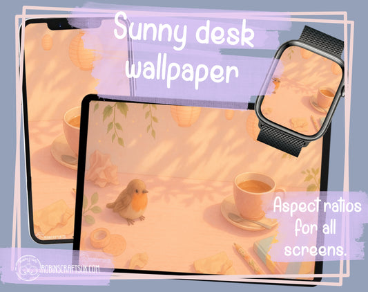 Sunny Desk – Calming Digital Wallpaper, Warm Aesthetic Background– Peaceful Cozy Workspace for all screens Art for Focus & Calm