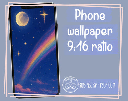 Starlight Rainbow – Celestial Night Sky Digital Wallpaper Download | Moon, Stars, Clouds & Rainbow Art wallpaper