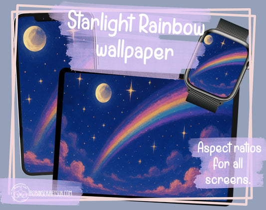 Starlight Rainbow – Celestial Night Sky Digital Wallpaper Download | Moon, Stars, Clouds & Rainbow Art wallpaper