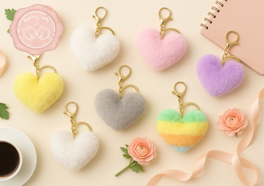 Fluffy Heart Keychain – Faux Fur Bag Charm with Gold Clasp | Cute Pompom Purse Accessory in 6 colours