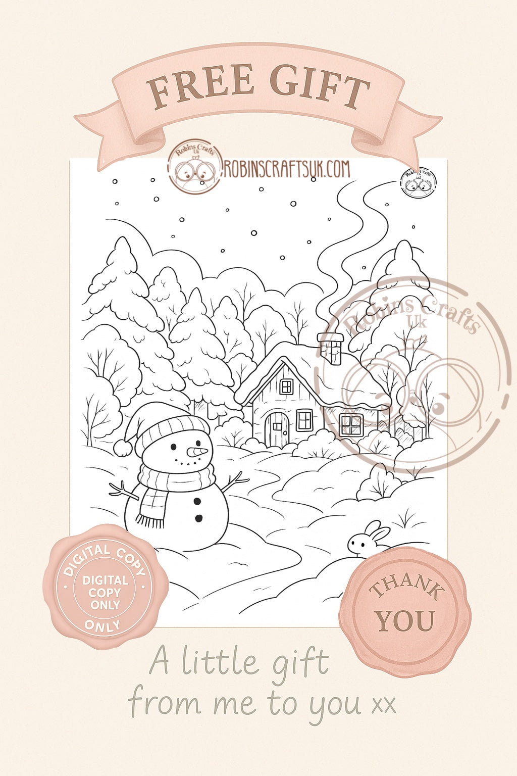 Snowy cabin colouring page 07-11-25 freebie Friday