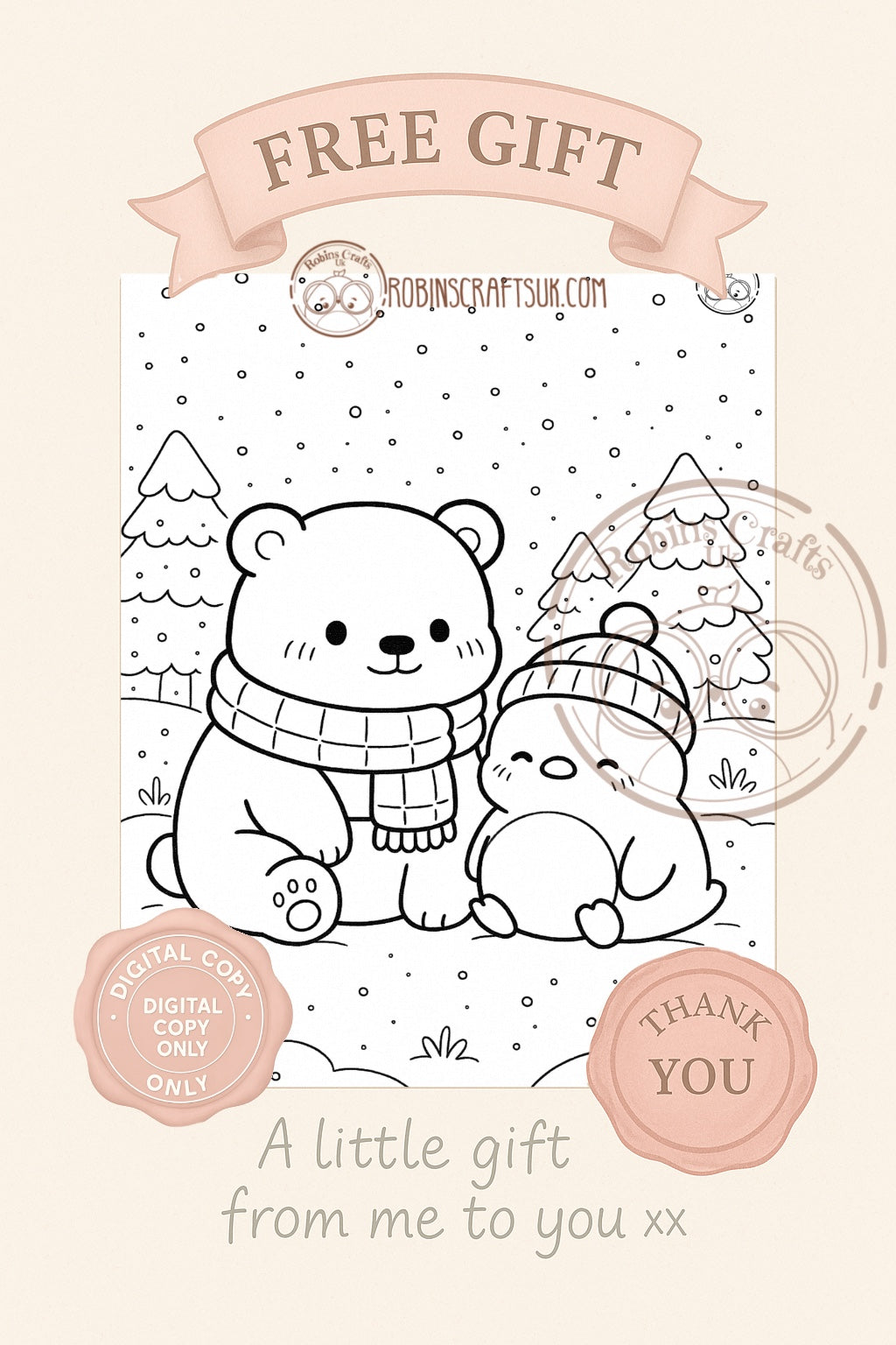 Winter cuddle colouring page 05-12-25 freebie Friday