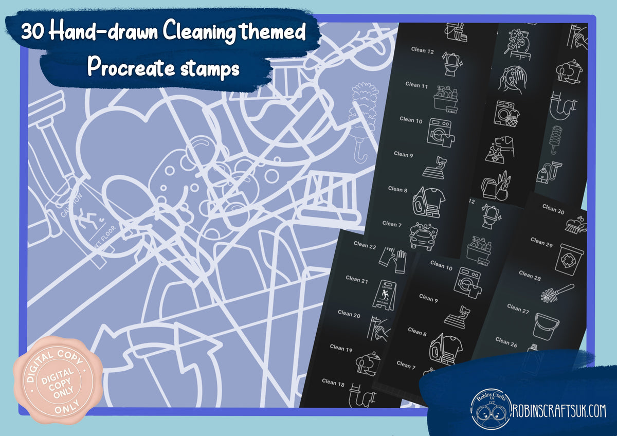 Cleaning themed stamps -30 stamps - kawaii - procreate stamps/brushes - digital use only - procreate