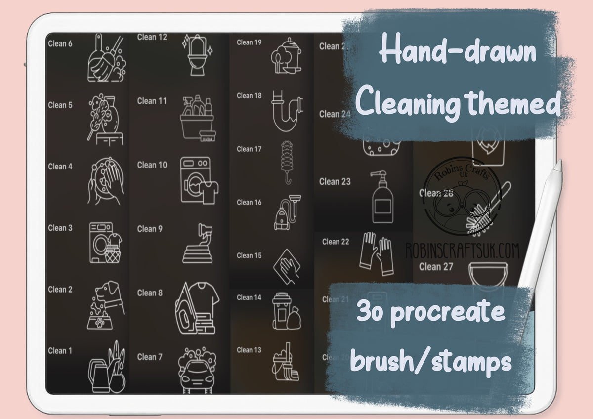 Cleaning themed stamps -30 stamps - kawaii - procreate stamps/brushes - digital use only - procreate