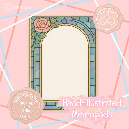 (DIGITAL)Stained Glass Rose Memo Pad | Gothic Arch Stationery | Hand-Illustrated Aesthetic Paper – Elegant Aesthetic Notepaper