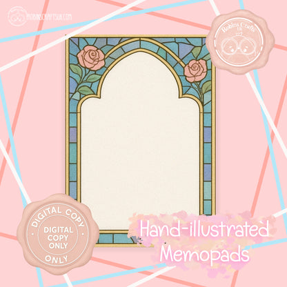 (DIGITAL)Stained Glass Rose Memo Pad | Gothic Arch Stationery | Hand-Illustrated Aesthetic Paper – Elegant Aesthetic Notepaper