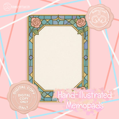 (DIGITAL)Stained Glass Rose Memo Pad | Gothic Arch Stationery | Hand-Illustrated Aesthetic Paper – Elegant Aesthetic Notepaper