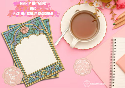 (DIGITAL)Stained Glass Rose Memo Pad | Gothic Arch Stationery | Hand-Illustrated Aesthetic Paper – Elegant Aesthetic Notepaper