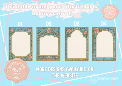 (DIGITAL)Stained Glass Rose Memo Pad | Gothic Arch Stationery | Hand-Illustrated Aesthetic Paper – Elegant Aesthetic Notepaper