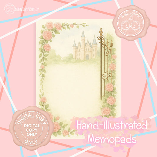 Hand-illustrated design of a castle and floral elements on a pink background with decorative borders.