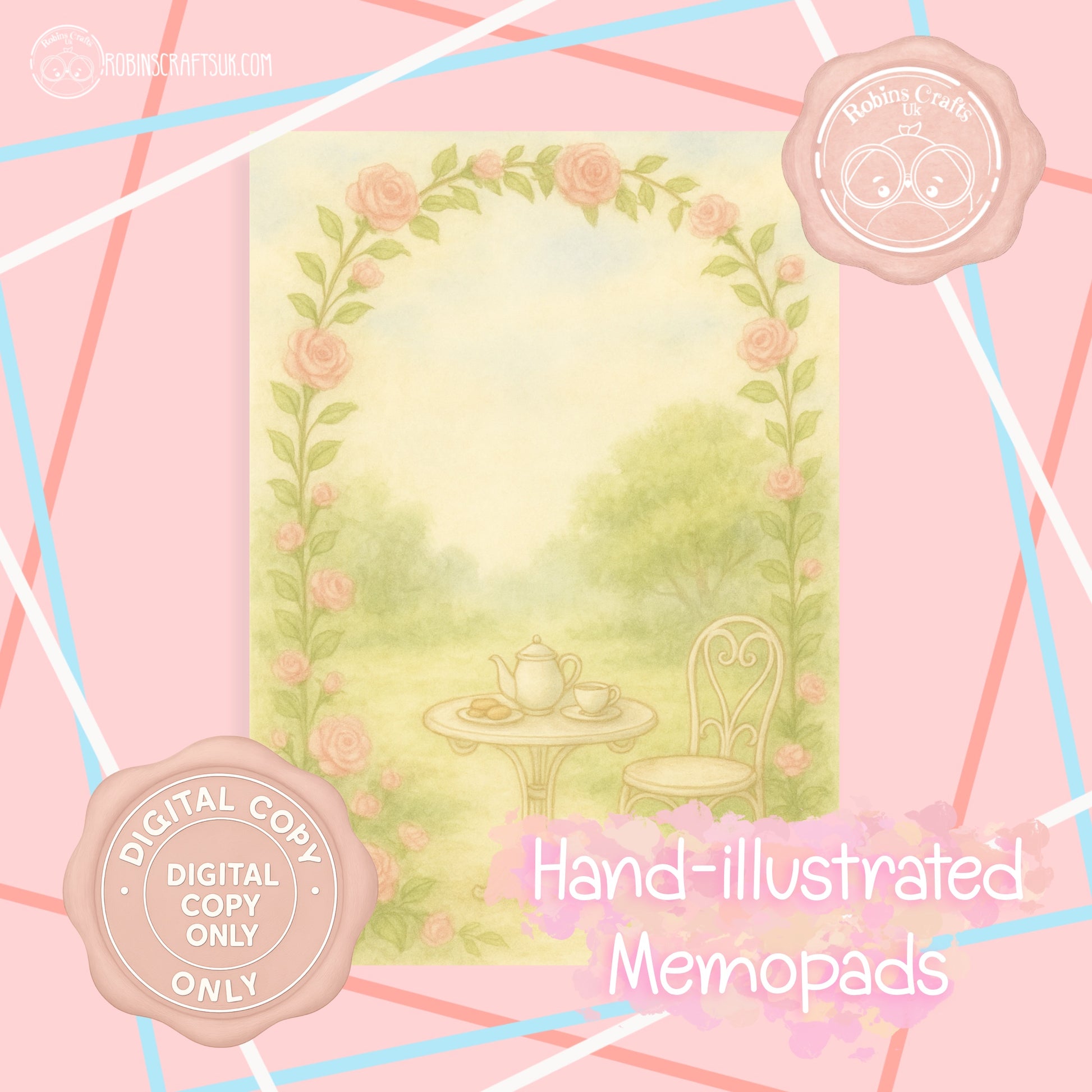 Hand-illustrated memopad with a tea set and floral design on a pink background.