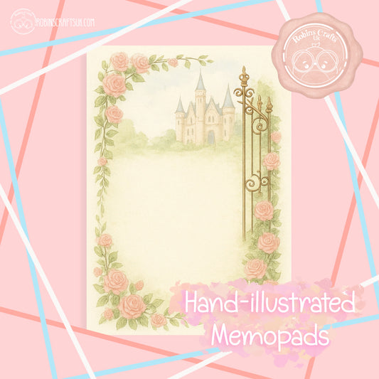 Hand-illustrated design of a castle and roses on a pink background with decorative elements.