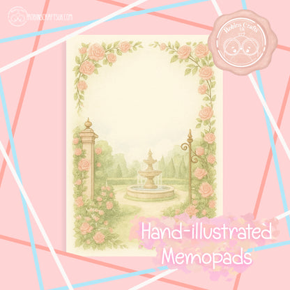 Hand-illustrated design of a garden with a fountain and roses on a pink background, 