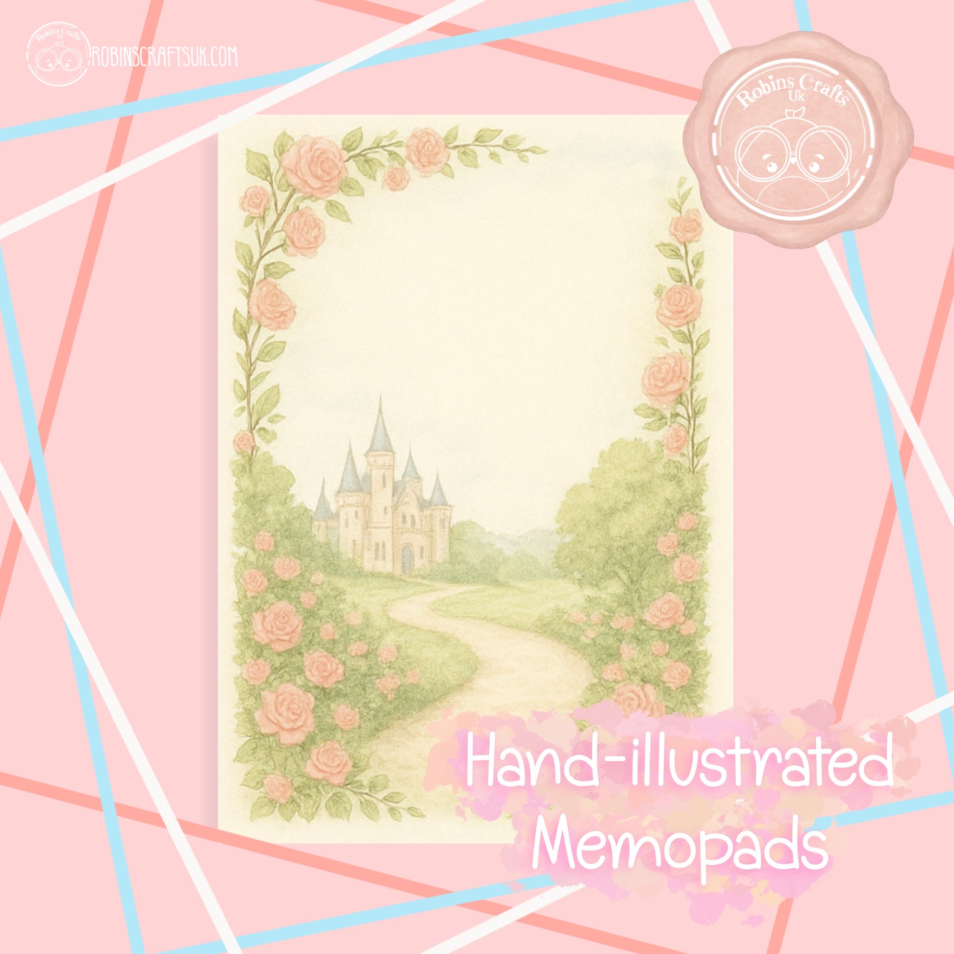 Hand-illustrated design of a castle surrounded by roses on a pink background with decorative elements.