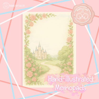 Hand-illustrated design of a castle surrounded by roses on a pink background with decorative elements.