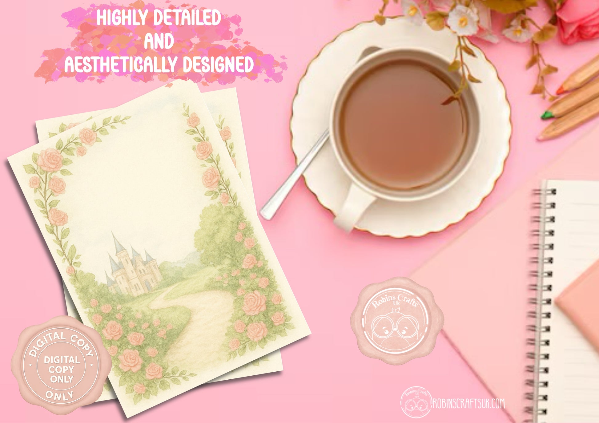 Tea cup with saucer, notebook, and floral stationery on a pink background