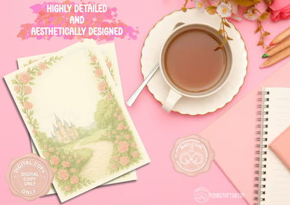 Tea cup with saucer, notebook, and floral stationery on a pink background
