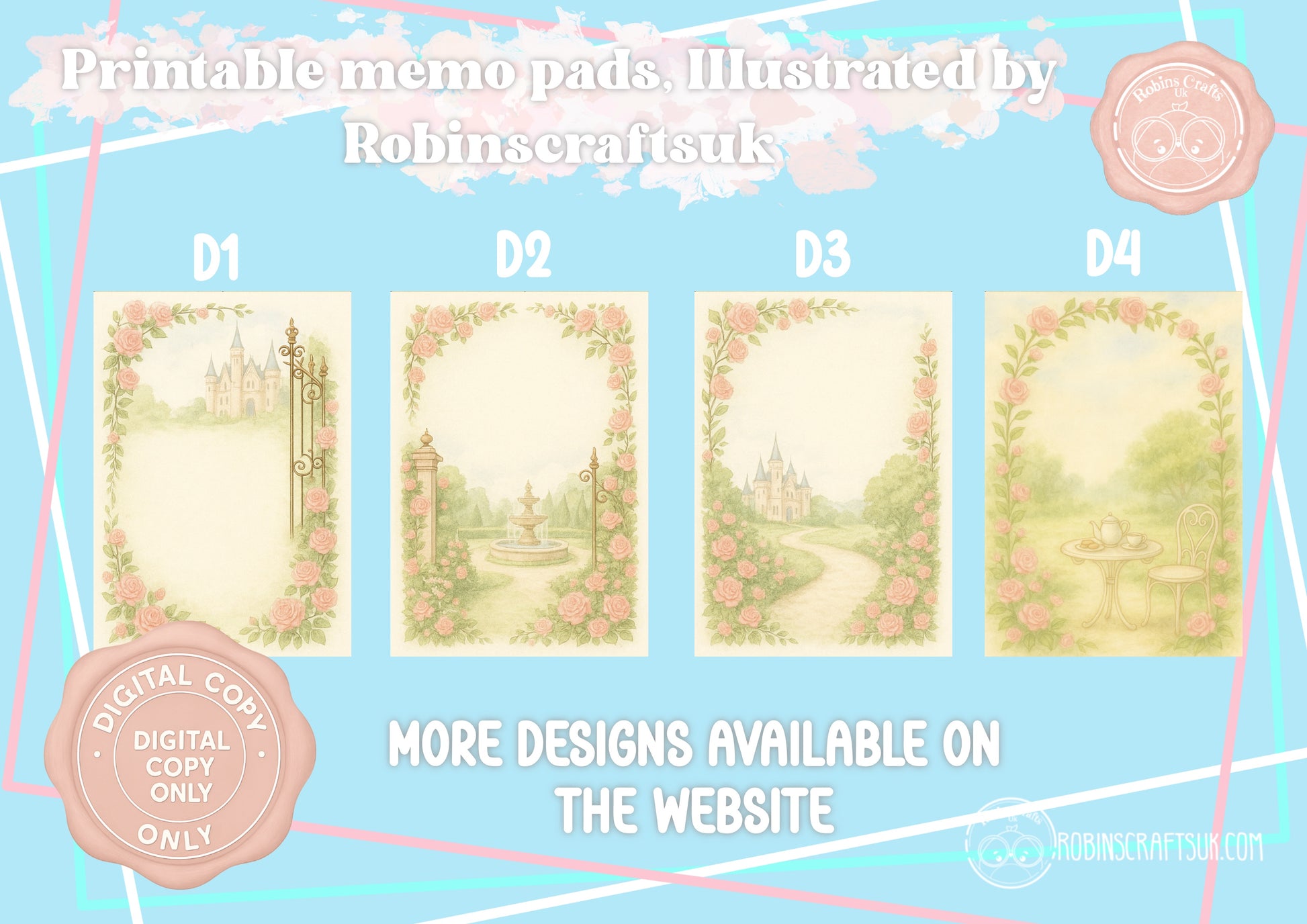 Four illustrated memo pads with decorative borders on a light blue background, featuring the brand 'Robinscraftsuk'.