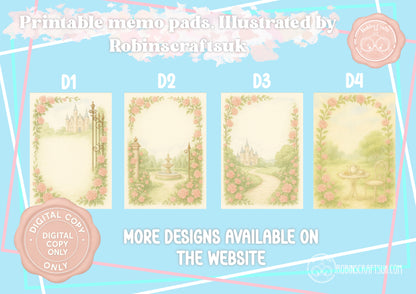 Four illustrated memo pads with decorative borders on a light blue background, featuring the brand 'Robinscraftsuk'.