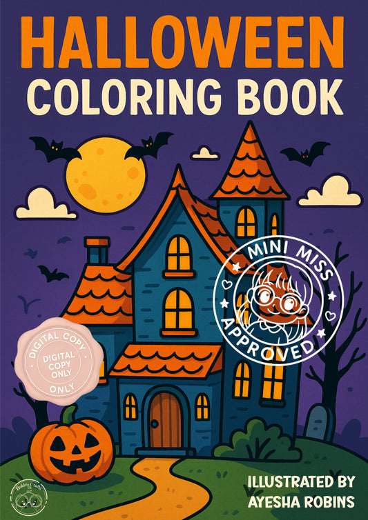 Halloween coloring book cover with a haunted house, pumpkin, and moon.