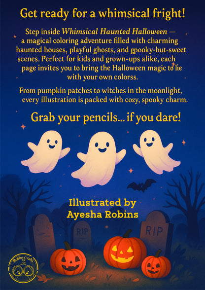 Cover of 'Whimsical Haunted Halloween' coloring book with ghosts, pumpkins, and tombstones on a dark blue background.