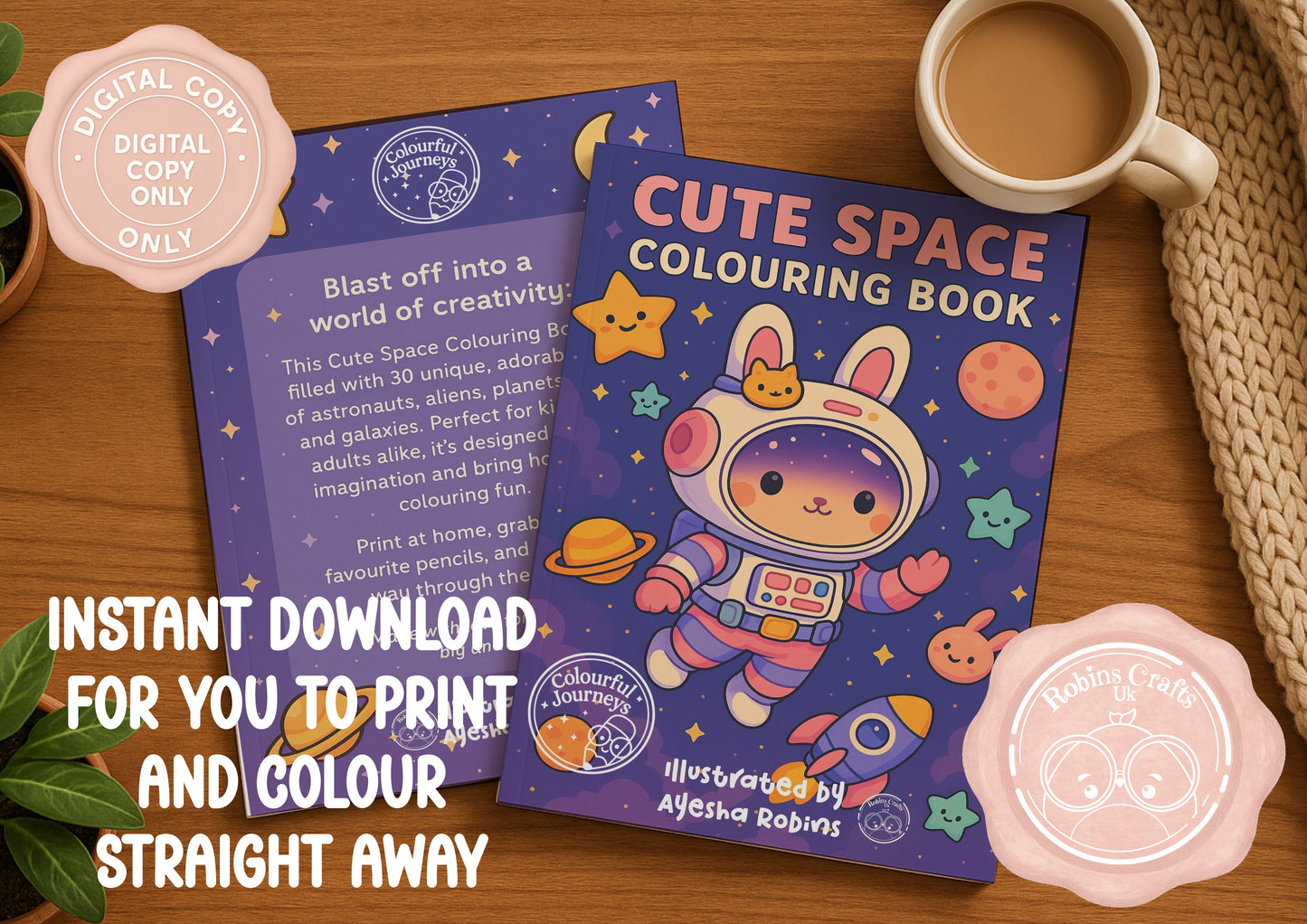 Cute space Coloring Book | 30 Illustration Printable Digital Download | Cute Space themed