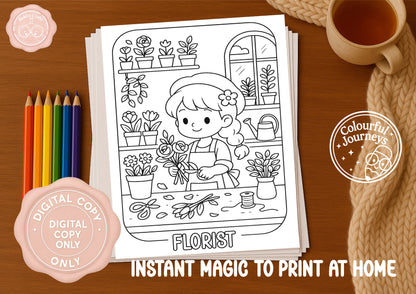Cute at Work Colouring Book | 30 Illustration Printable Digital Download | Cute Job themed