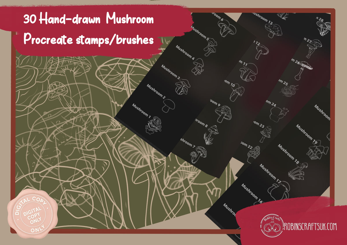 Mushroom stamps -30 stamps - kawaii - procreate stamps/brushes - digital use only - procreate