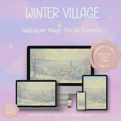 Winter village wallpaper – illustrated Digital Wallpaper Download | Art wallpaper
